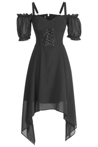 Dark Enchantment: Gothic Corset Dress with Sheer Sleeves & Asymmetrical Hem