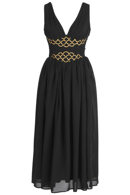 Black & Gold Corset Midi Dress – Vintage Elegance with a Regal Touch