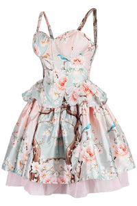 Blossom Grove Corset & Skirt Set with Pastel Florals and Songbirds