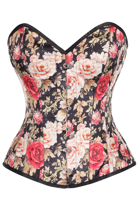 Vintage Rose Brocade Overbust Corset – Elegant Floral Lace-Up Design