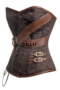 Steampunk-Inspired Brown Brocade Longline Overbust Corset with Faux Leather Accents