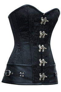 Gothic Black Brocade Longline Overbust Corset with Swing Hook Closure and Faux Leather Trim
