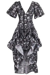 Gothic Skull Print High-Low Corset Dress with Puff Sleeves