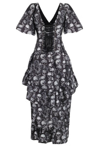 Gothic Skull Print High-Low Corset Dress with Puff Sleeves