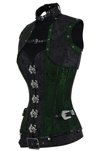 Handmade Full Steel Boned Corset with Sleeveless Jacket – Green & Black Brocade, Corset Story Design (2012)