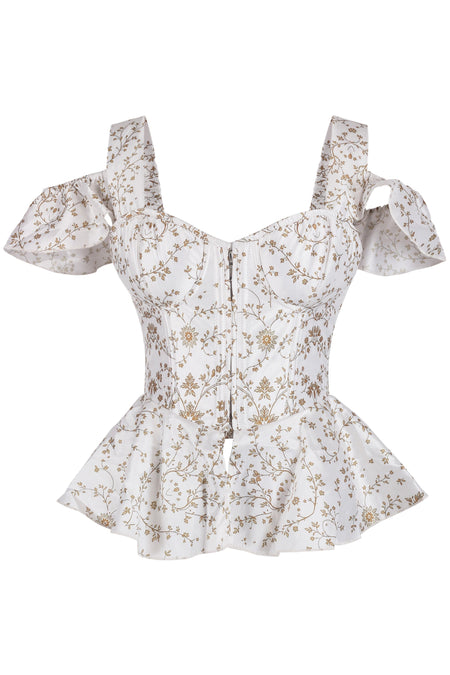 White Floral Peplum Corset with Ruffle Shoulder Straps