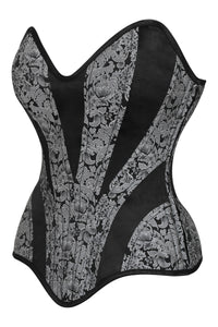 Silver and Black Brocade Overbust Corset with Side Zip