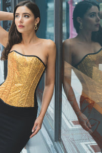 Corset Story WTS534 GOLD SEQUIN AND BLACK SATIN INSTANT SHAPE OVERBUST