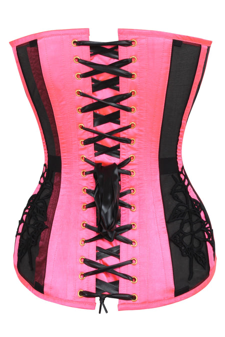 Hot Pink Longline Overbust Corset with Black Lace and Mesh Panels