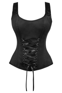 Corset Story BC-004 Black Satin Overbust Corset with zip fastening and button detail straps