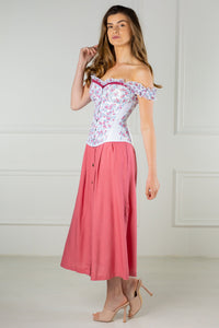 Corset Story FTS150 Floral Puff Sleeve Summer Overbust Corset With Raspberry Pink Trim