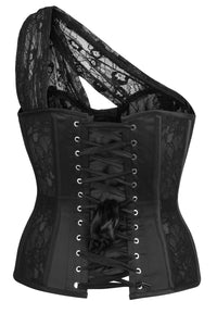Corset Story LO-011 Emmeline Black Satin and Lace Overbust Corset with One Shoulder Detail