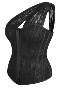 Corset Story LO-011 Emmeline Black Satin and Lace Overbust Corset with One Shoulder Detail