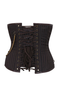 Sous-buste steampunk à rayures marron avec détail busc en acier et chaîne de poche