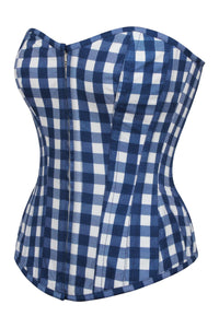 Corset Story SC-006 Dahlia Gingham Blue Viscose Overbust Corset With Zip Front