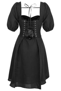 Corset Story SC-061 Gladiolus Black Linen Corset Dress with Puff Sleeves