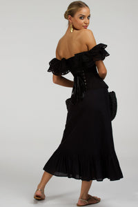 Corset Story SC-099 Olive Black Linen Blend Midi Skirt with Ruffle Hem