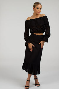 Corset Story SC-099 Olive Black Linen Blend Midi Skirt with Ruffle Hem