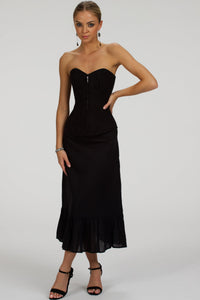Corset Story SC-099 Olive Black Linen Blend Midi Skirt with Ruffle Hem
