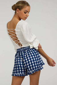 Corset Story SC-105 Daisy Gingham Blue Viscose Shorts With Frill Edge and Self Tie Belt