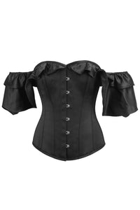 Corset Story TE-001 Black Satin Corset Top with off the Shoulder Frilled Sleeves