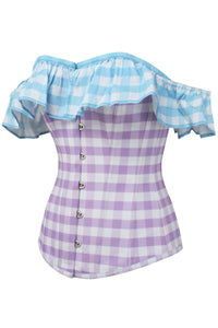 Corset Story TYS506 Lilac and Blue Contrast Gingham Corset Top With Bardot Sleeve